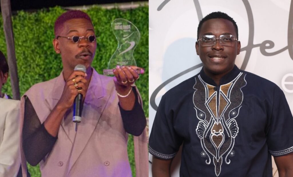 Ednardo Soares celebra com abraço e euforia troféu de tik toker do ano ganho pelo Aryovaldo no Moda Luanda 2022